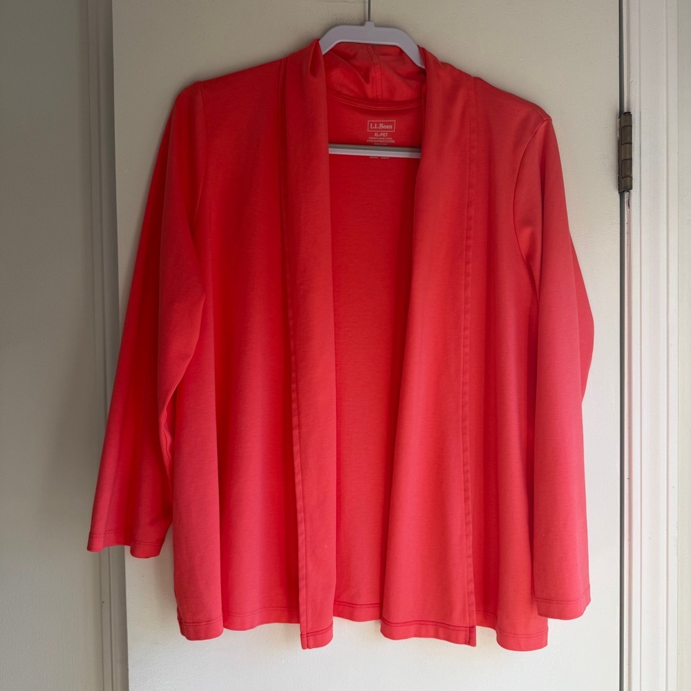 LL Bean Women XL Petite Coral Pink Supima Cotton Open Front Cardigan Sweater
